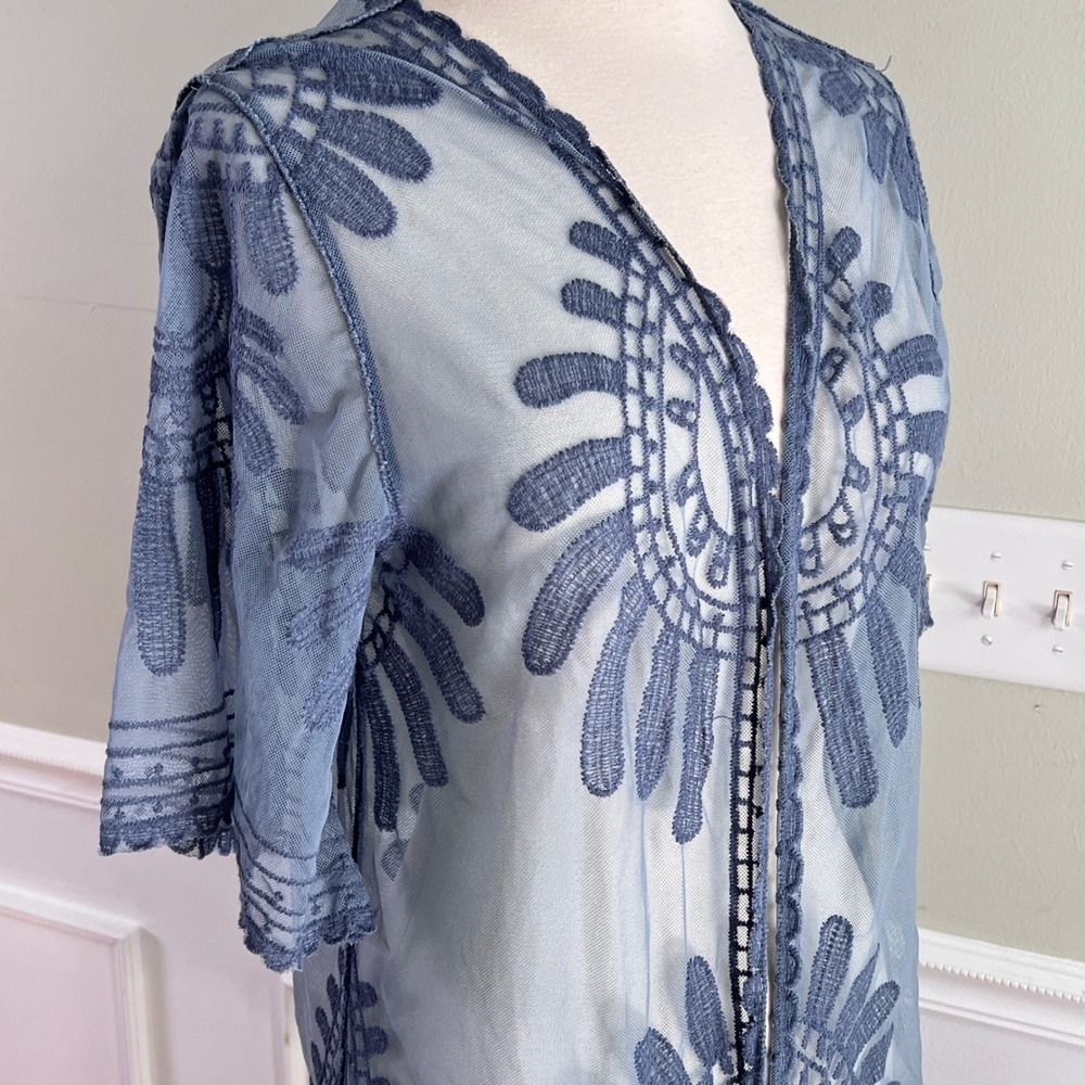 Rebellion Lace Sheer Kimono Cardigan OS Women Hippie Mesh Blue Layering Ethereal - Picture 9 of 12